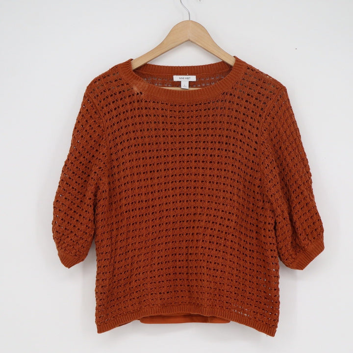 Nine West Burnt Orange Crochet Open Knit Short Sleeve Sweater Top Large