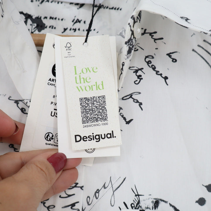Desigual Shirt Women's S CAM_SOMA White Black Script Print Button-down New
