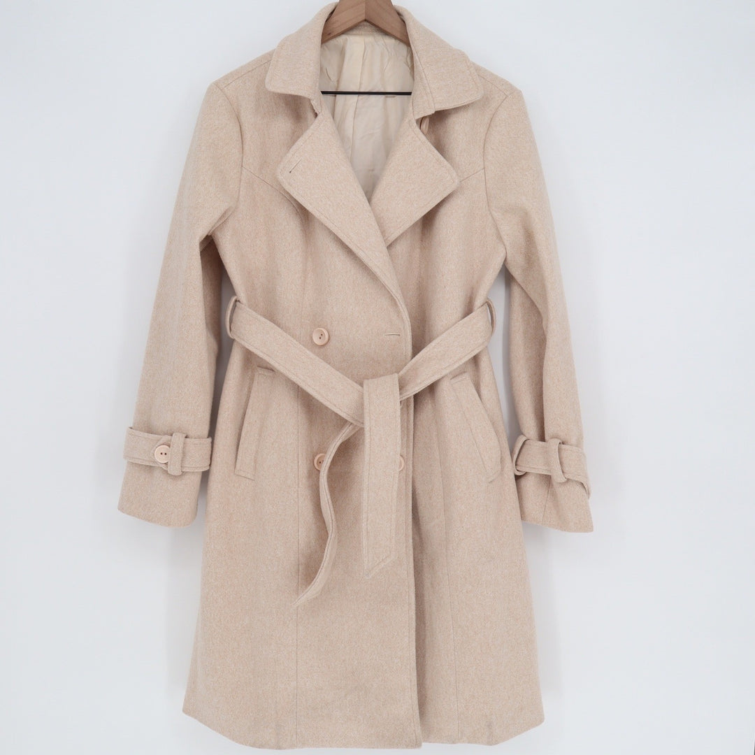 Beige Double Breasted Belted Trench Coat M2A141 Large Tan Long Sleeve Jacket
