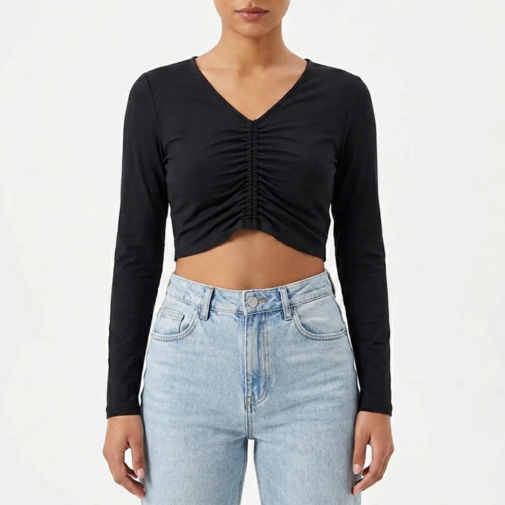 Calia Womens LS Ruched Rashguard Pure Black UPF 50+ Cropped Swim Top M