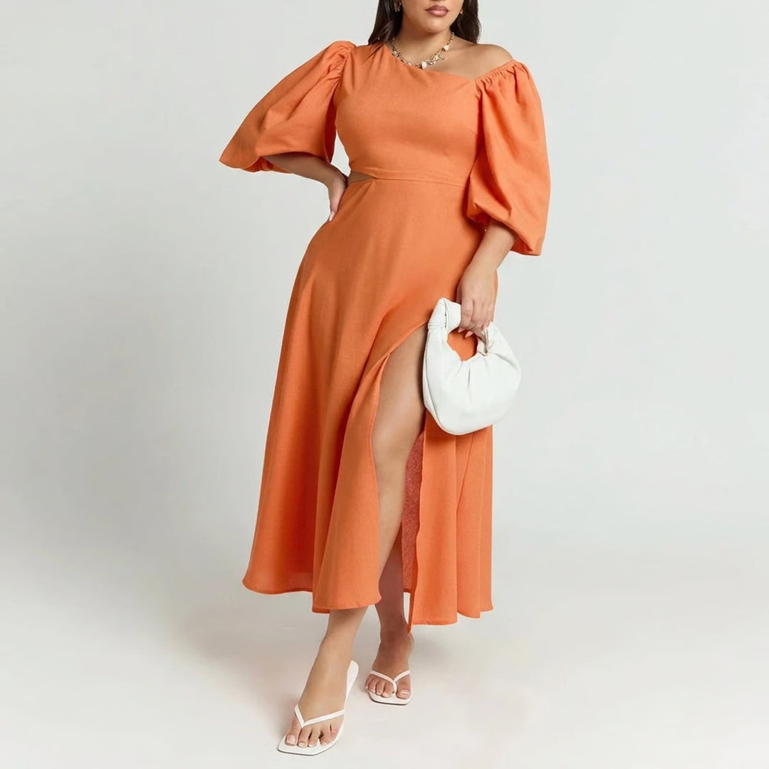 Showpo Rhyne Midi Dress Papaya Orange Asymmetric Puff Sleeve Cut Out US 16 NEW