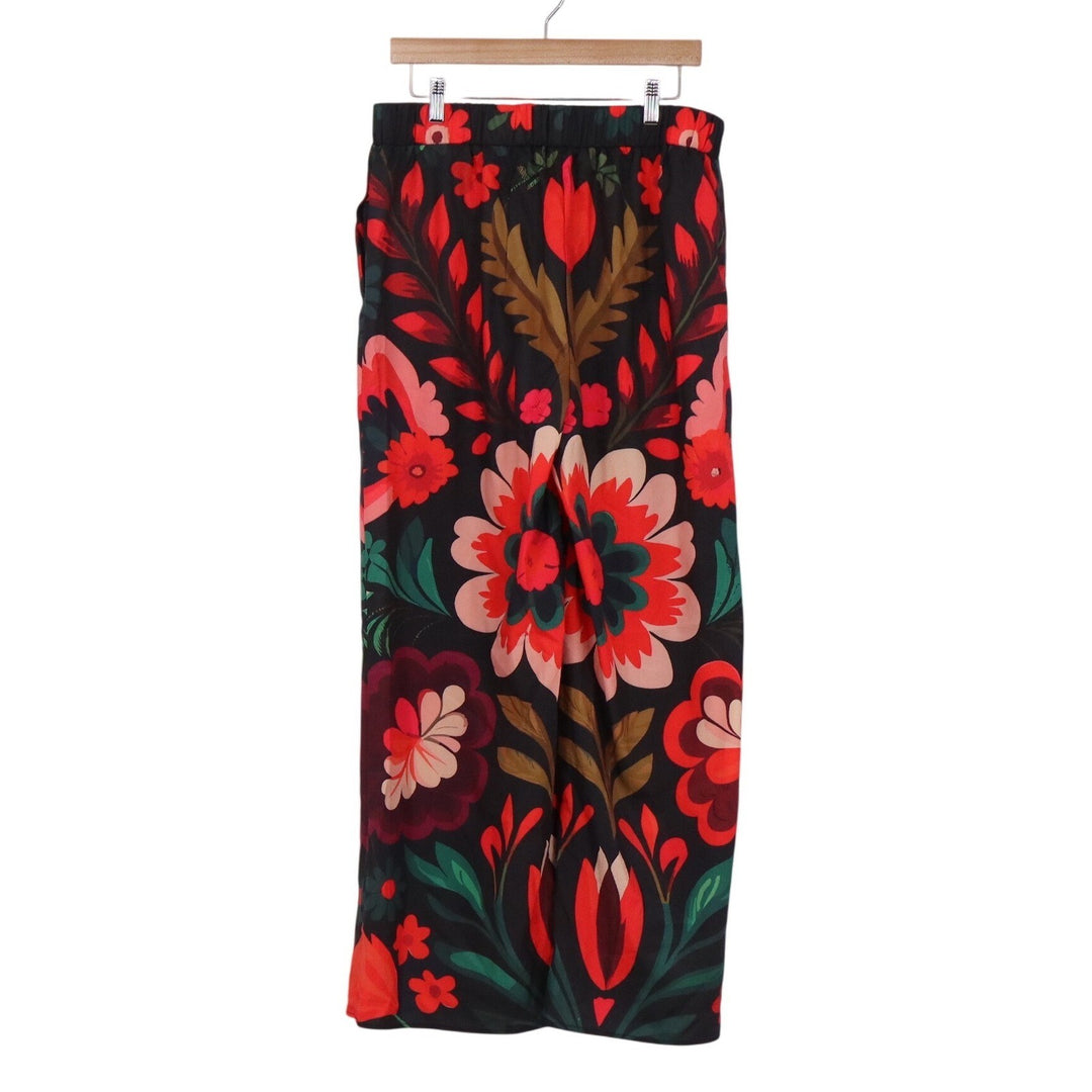 Floral Wide Leg Pants Red Black Botanical Print Elastic Waist XXL