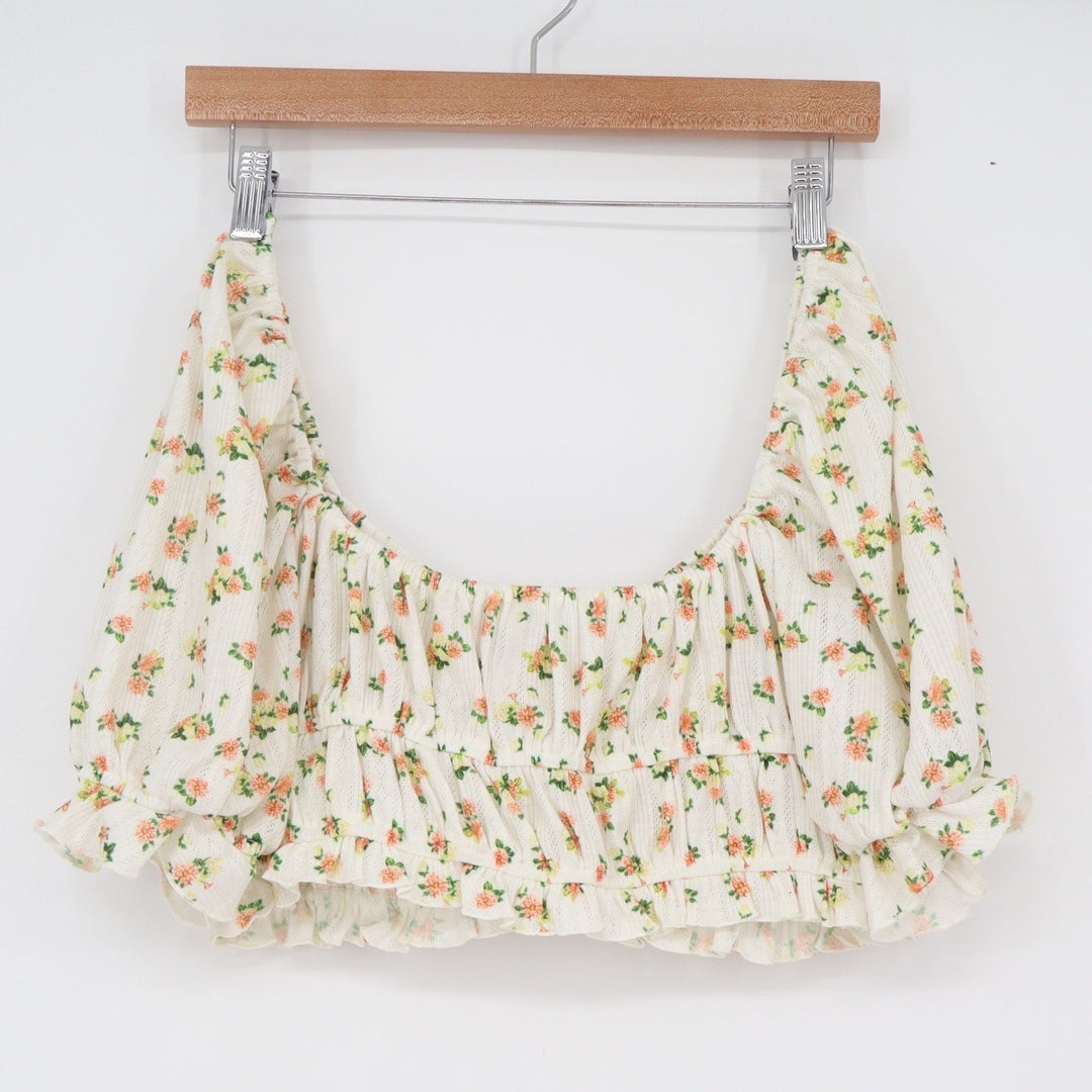 For Love & Lemons Floral Pointelle Puff Sleeve Crop Top Cream L