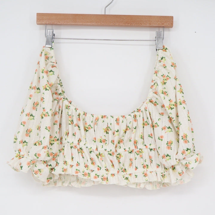 For Love & Lemons Floral Pointelle Puff Sleeve Crop Top Cream L