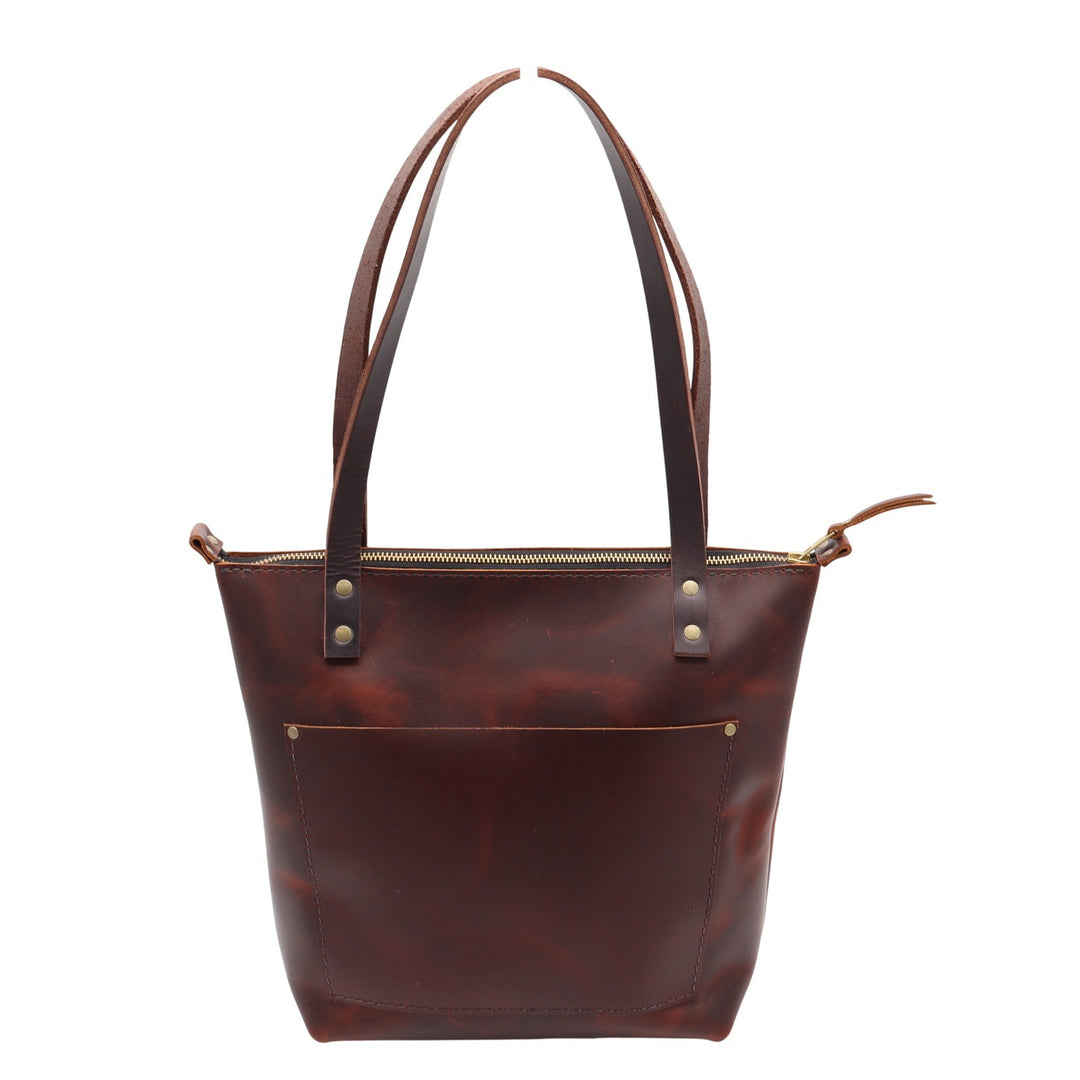 Portland Leather Goods Brown Leather Zip Top Tote Bag Handcrafted Medium