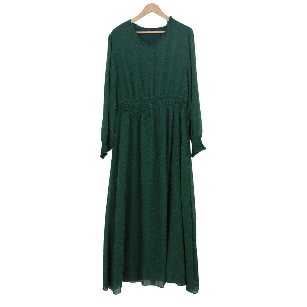 Shein Curve Dark Green Swiss Dot Maxi Dress Plus Size 2XL Smocked Waist Ruffle