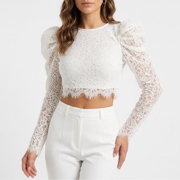Naked Wardrobe The Statement Off White Floral Lace Ruffle Cropped Top Size S