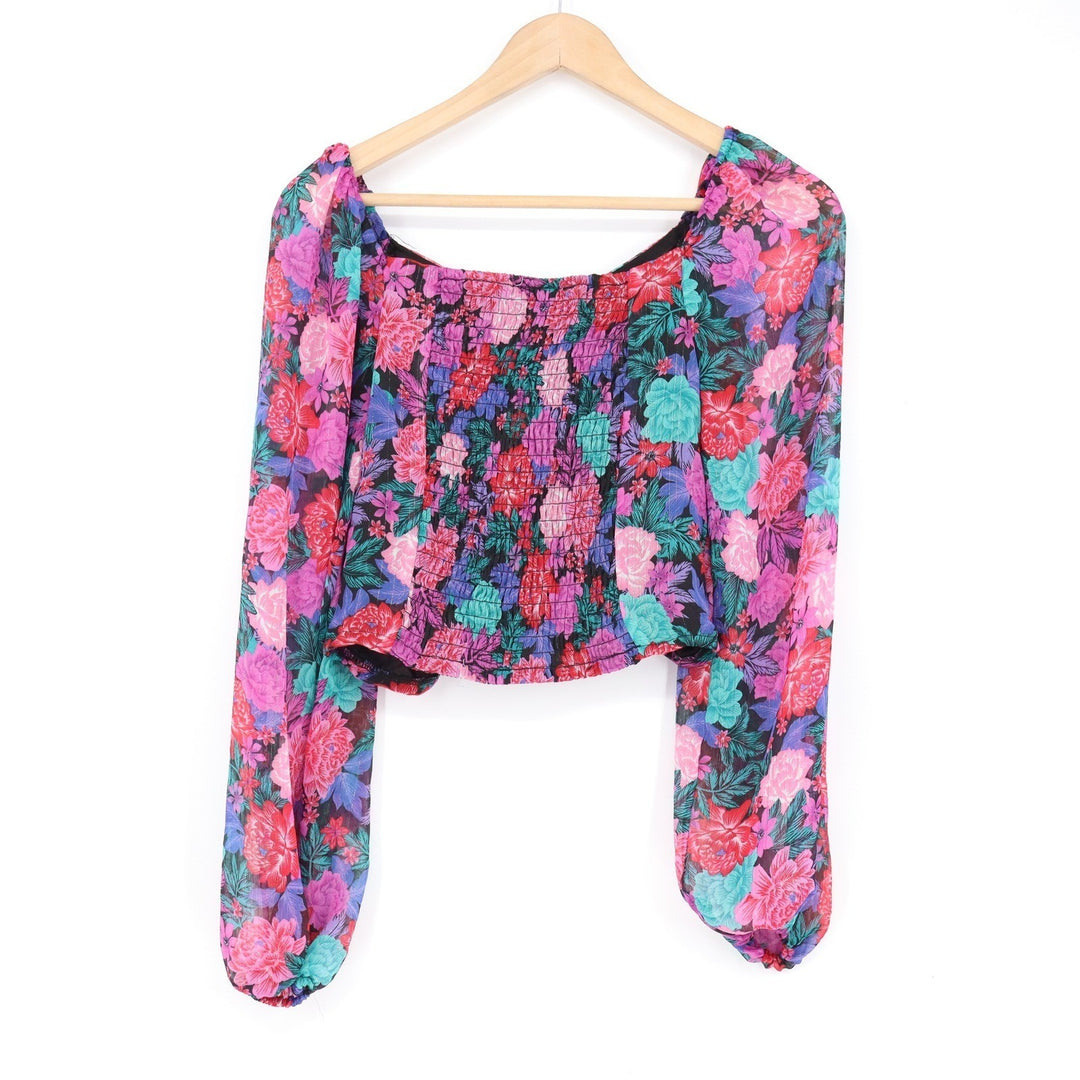 SO Floral Long Sleeve Ruched Crop Top Multicolor Smocked Back Metallic Small
