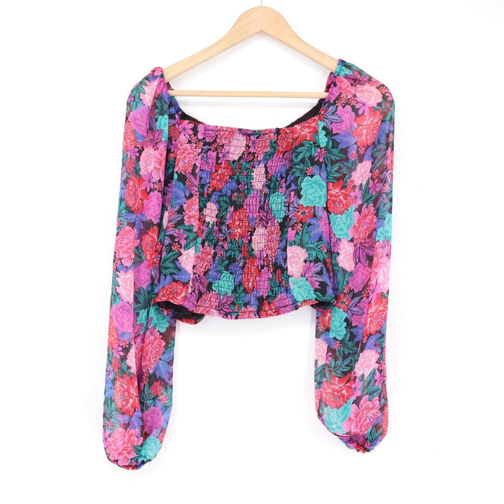 SO Floral Long Sleeve Ruched Crop Top Multicolor Smocked Back Metallic Small