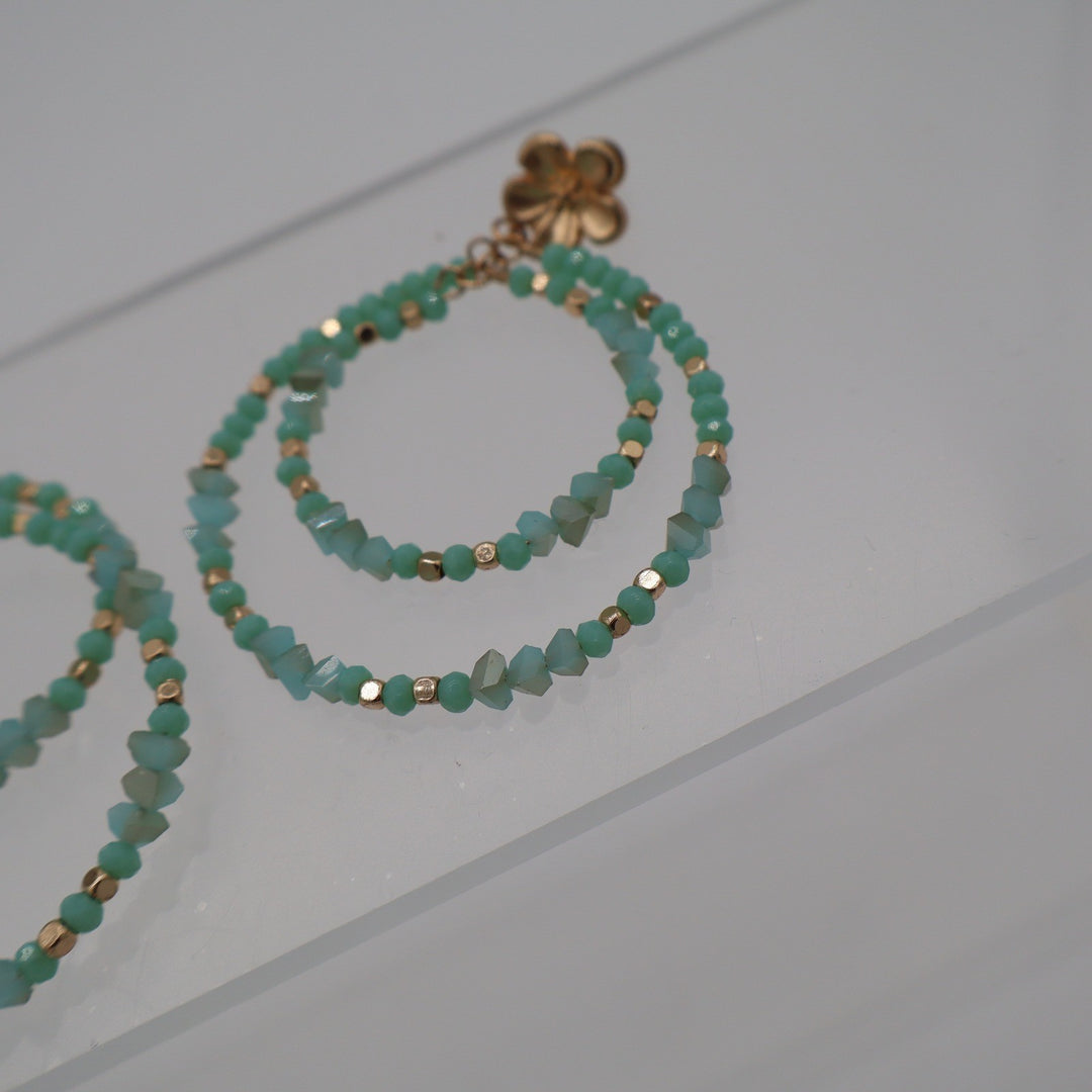 Mint Green Beaded Double Hoop Drop Earrings Gold Tone Flower Stud Boho Style