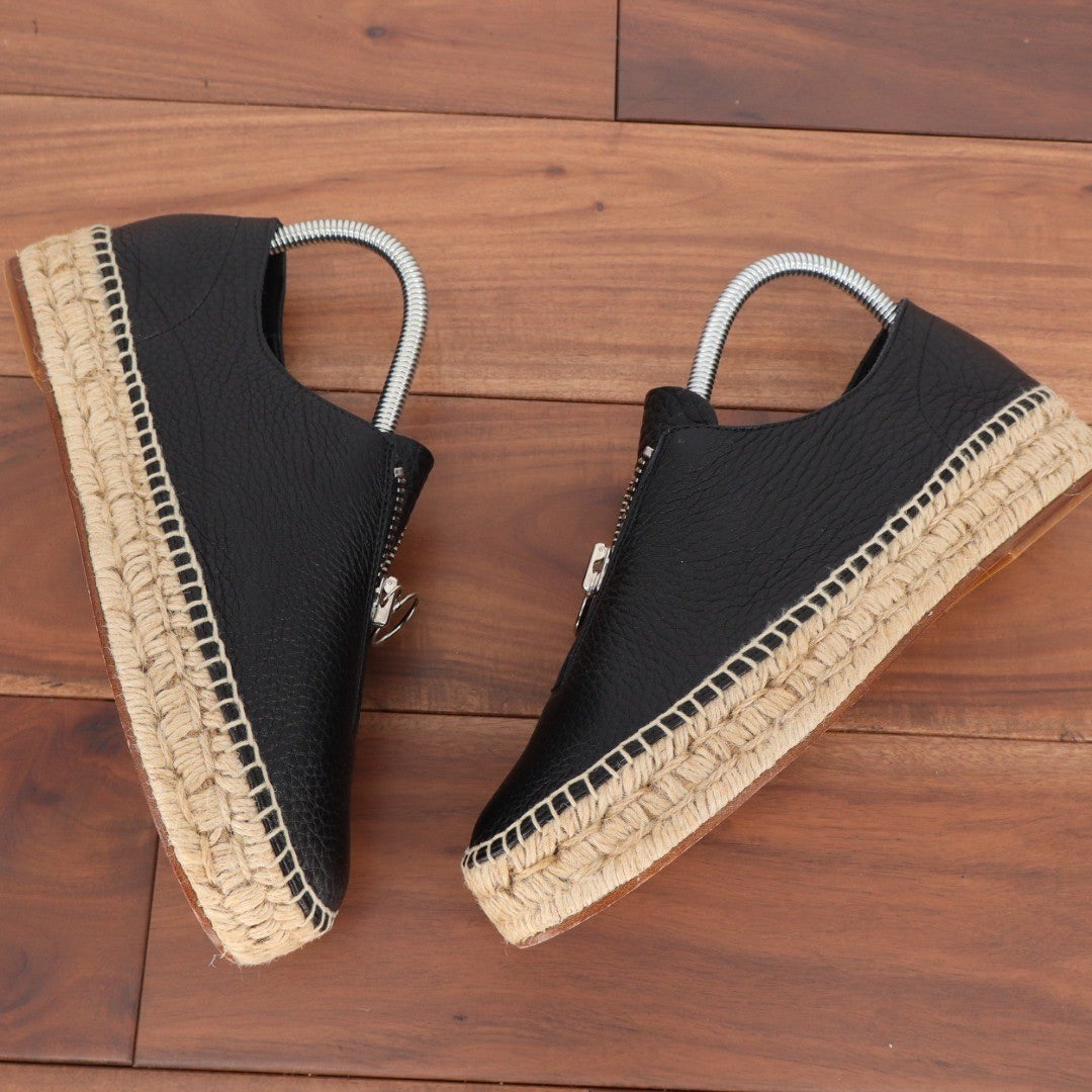 Alexander Wang Black Leather Zip Espadrille Flats Size 39