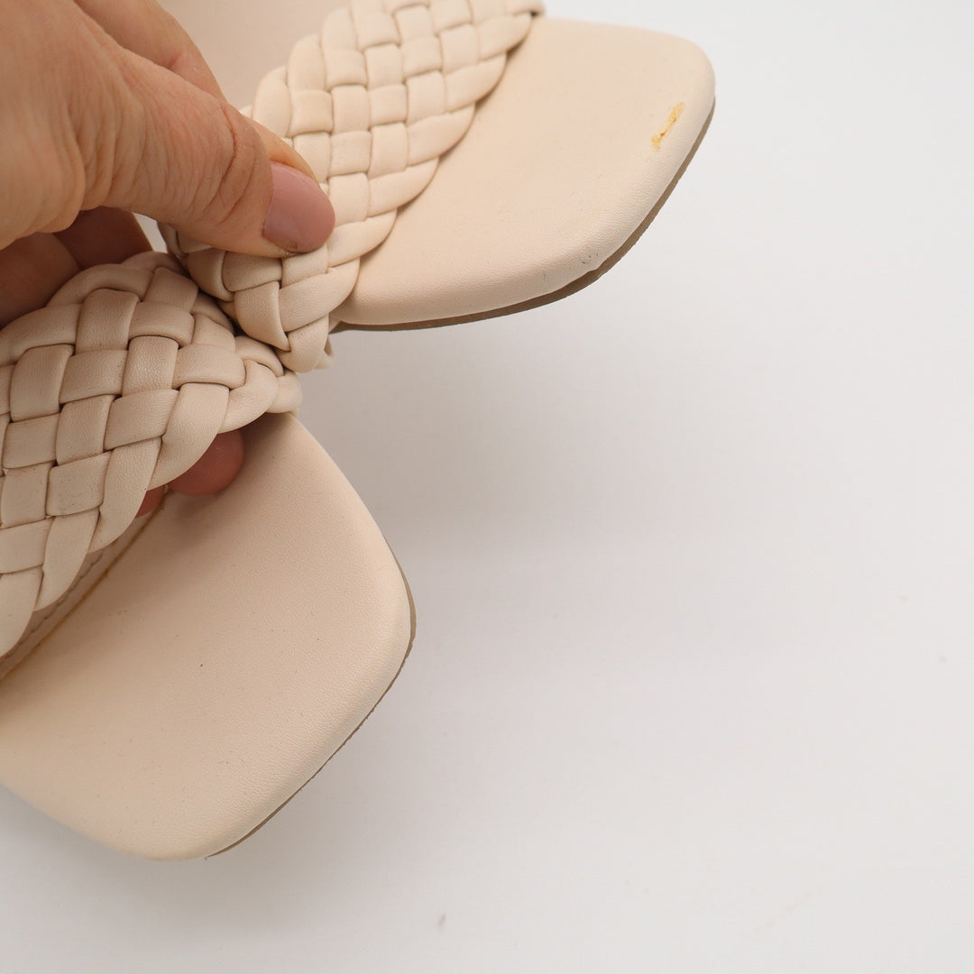 Cream Braided Double Strap Mule Heels Square Toe Block Heel Sandal Beige
