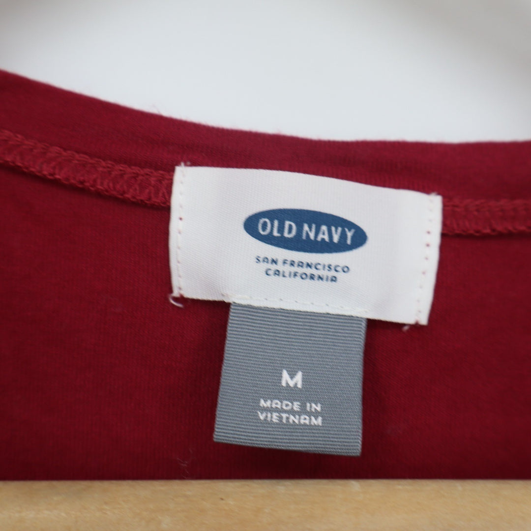 Old Navy T Shirt Women Medium Maroon Ruffled Hem Round Neck Long Sleeve Pullover