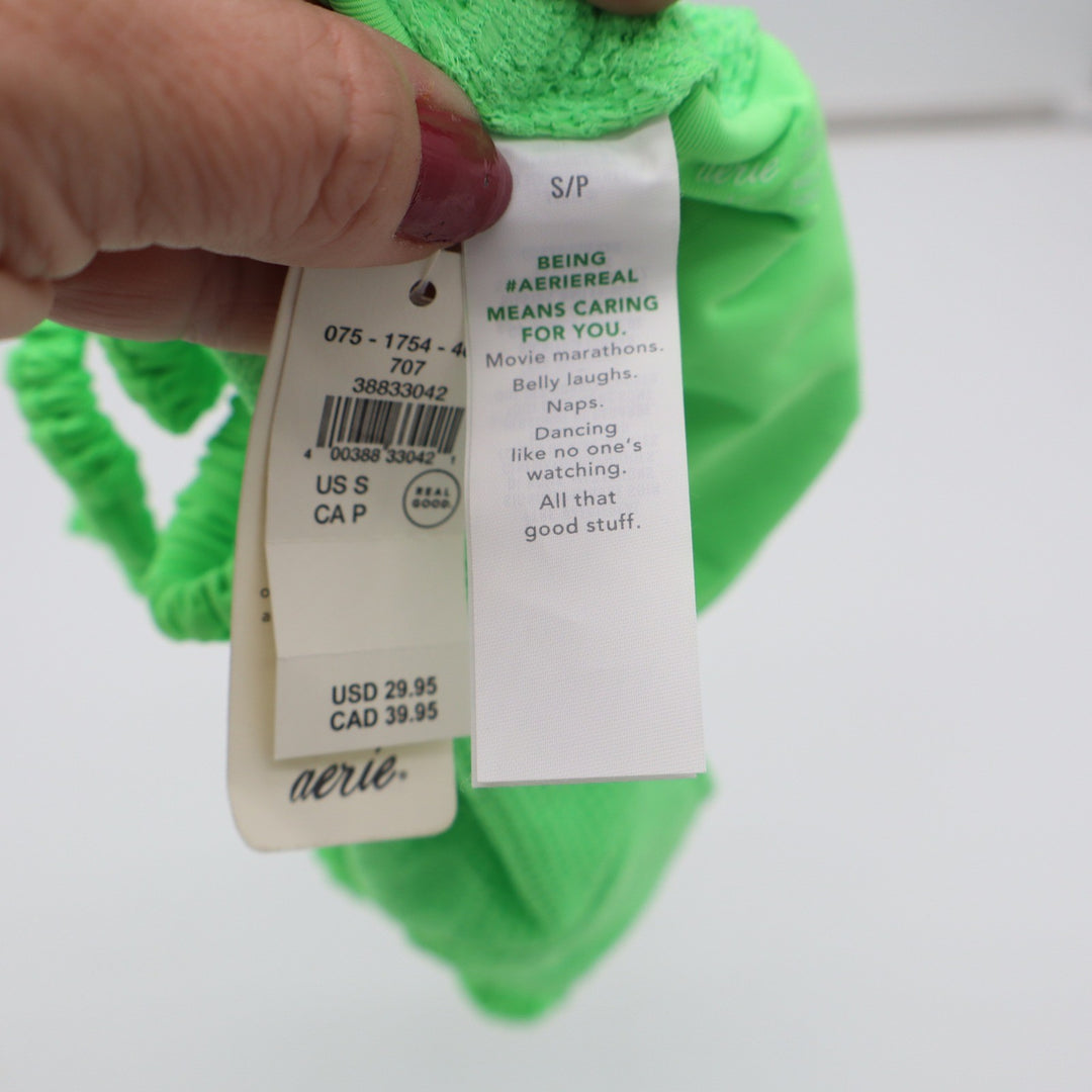 Aerie Bikini Bottom Womens S Cheekiest Neon Green Floral Lace Scrunchie Tie NEW