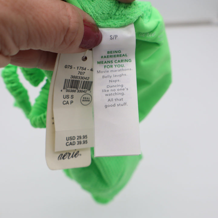 Aerie Bikini Bottom Womens S Cheekiest Neon Green Floral Lace Scrunchie Tie NEW