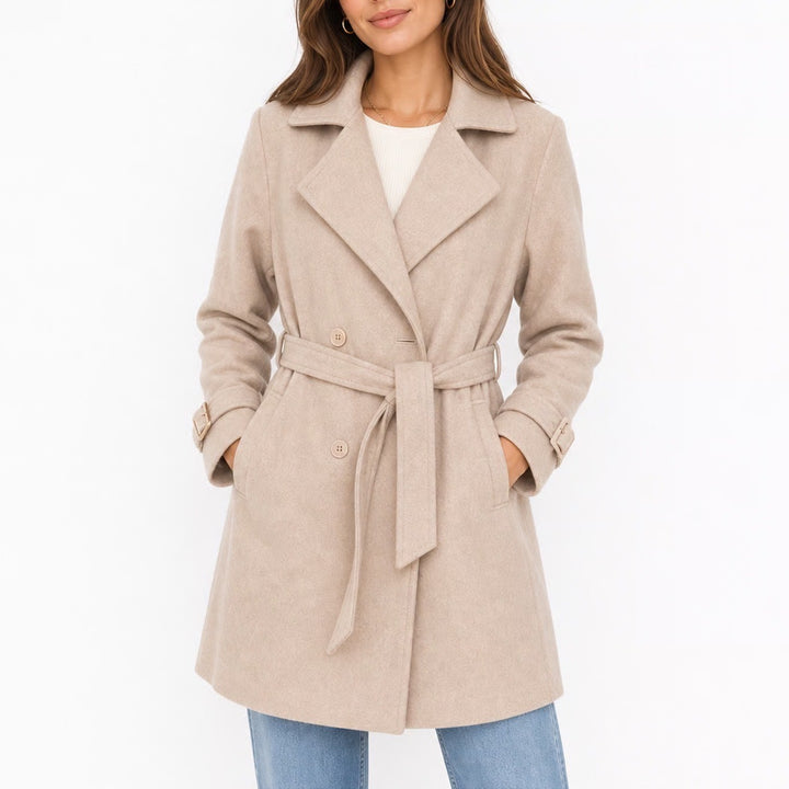 Beige Double Breasted Belted Trench Coat M2A141 Large Tan Long Sleeve Jacket