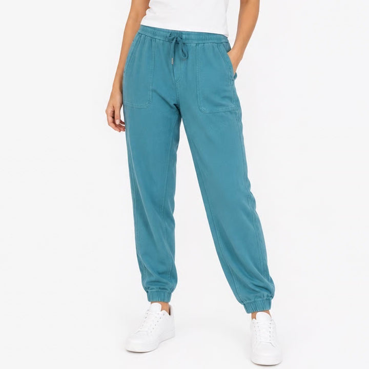 Athleta Farallon Joggers Pants Womens Medium Teal Cotton Stretch Patch Pockets