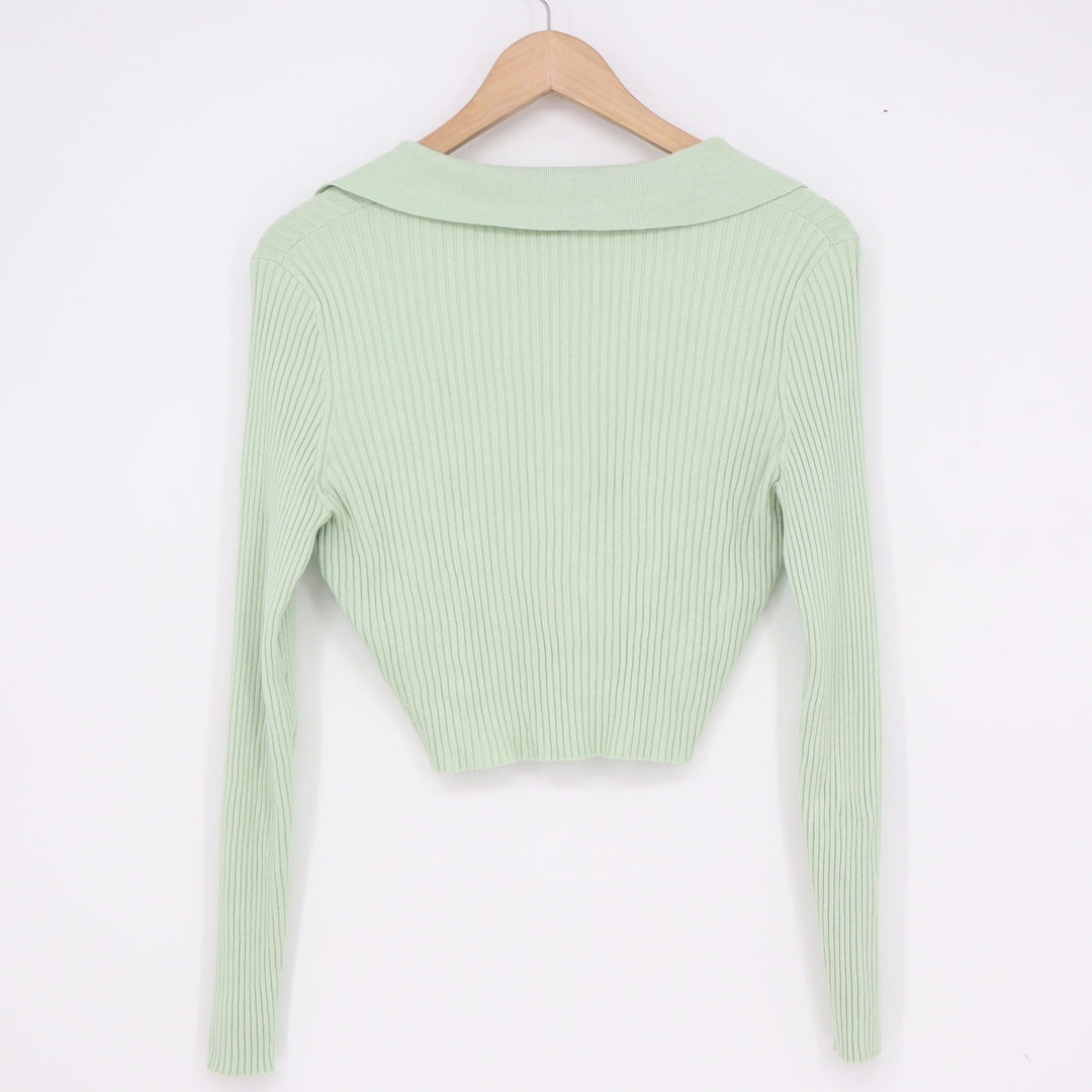 H&M Divided Mint Green Ribbed Cropped Polo Sweater Long Sleeve V-Neck Large