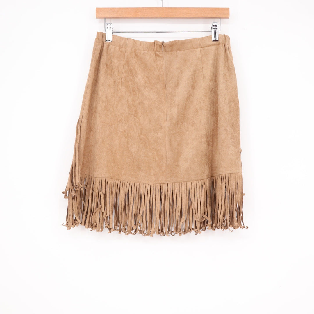 Easel Camel Faux Suede Fringe Mini Skirt Brown Western Boho Large