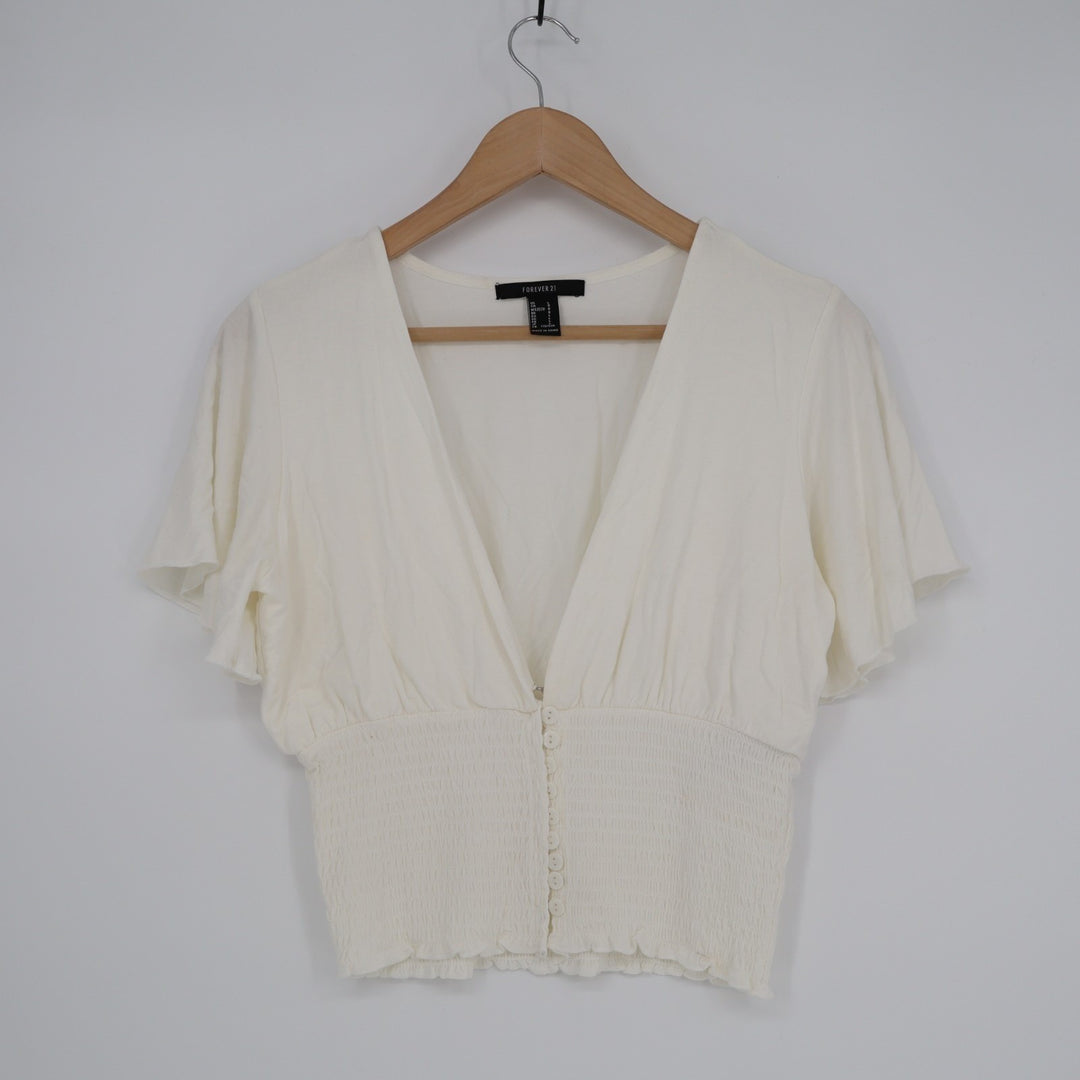Forever 21 Crop Top Women Large Ivory Smocked Stretch Ruffle Sleeve Button Front