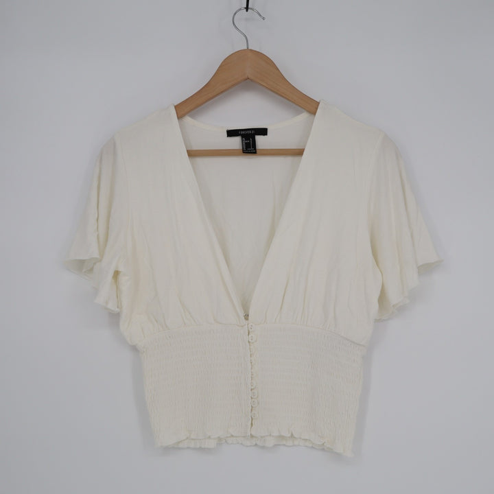 Forever 21 Crop Top Women Large Ivory Smocked Stretch Ruffle Sleeve Button Front