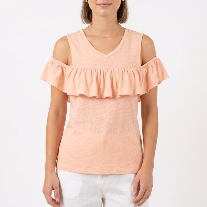 Truly Madly Deeply Peach Cold Shoulder Ruffle Top V-Neck Cotton Modal Size M