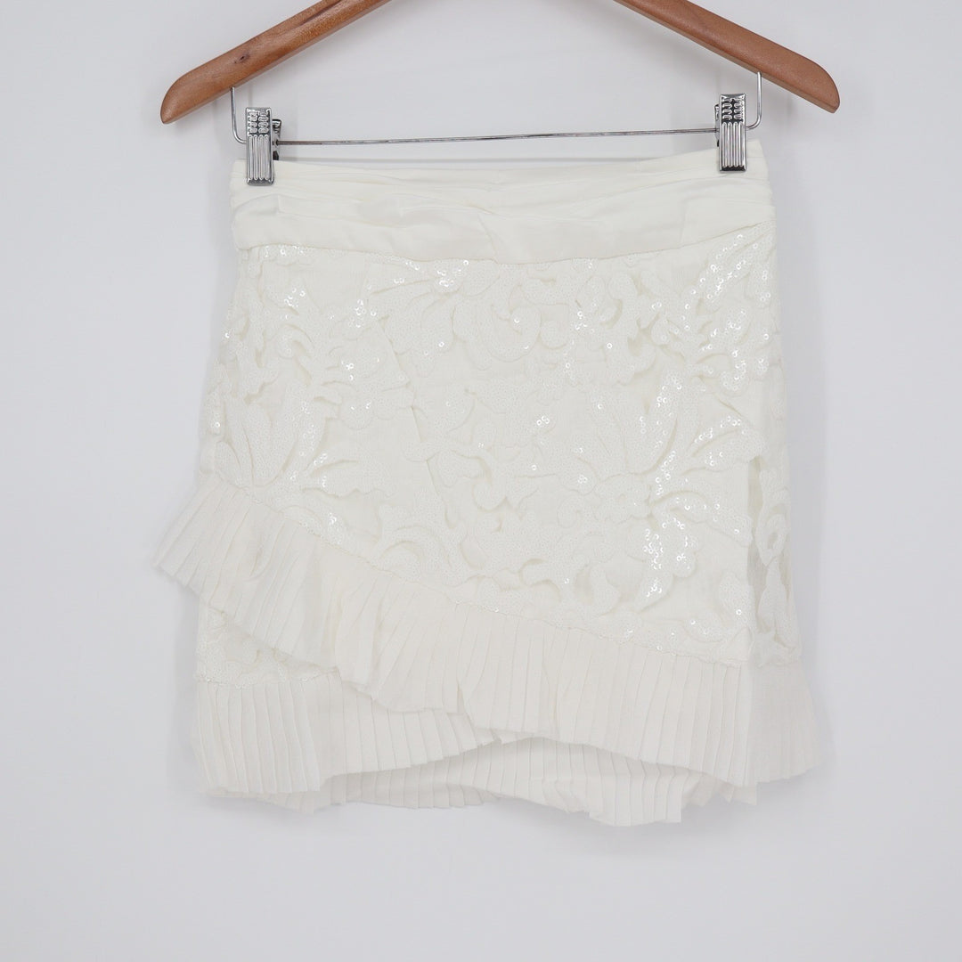 Naked Wardrobe White Sequin Mini Skirt Pleated Ruffle Size M