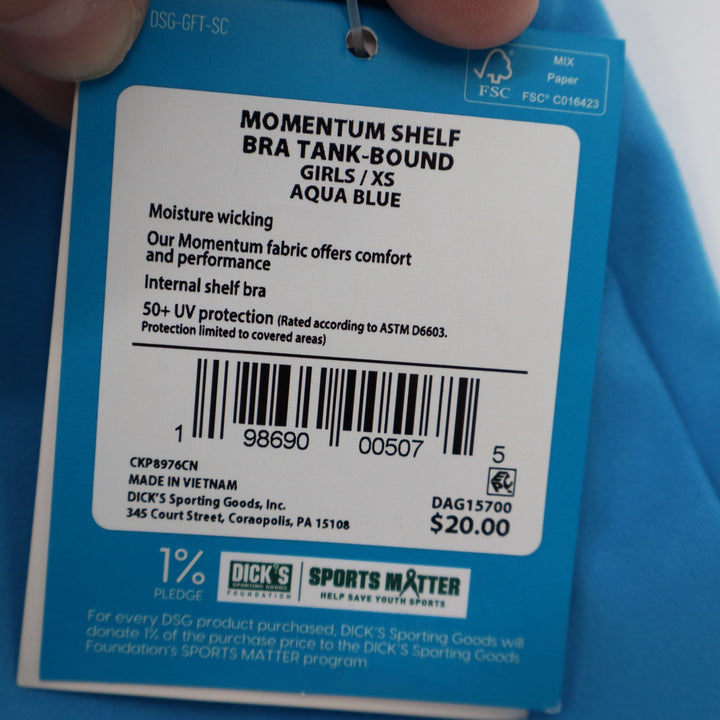 DSG Girls XS 6-7 Momentum Shelf Bra Tank-Bound Aqua Blue UV 50+ Racerback Tank