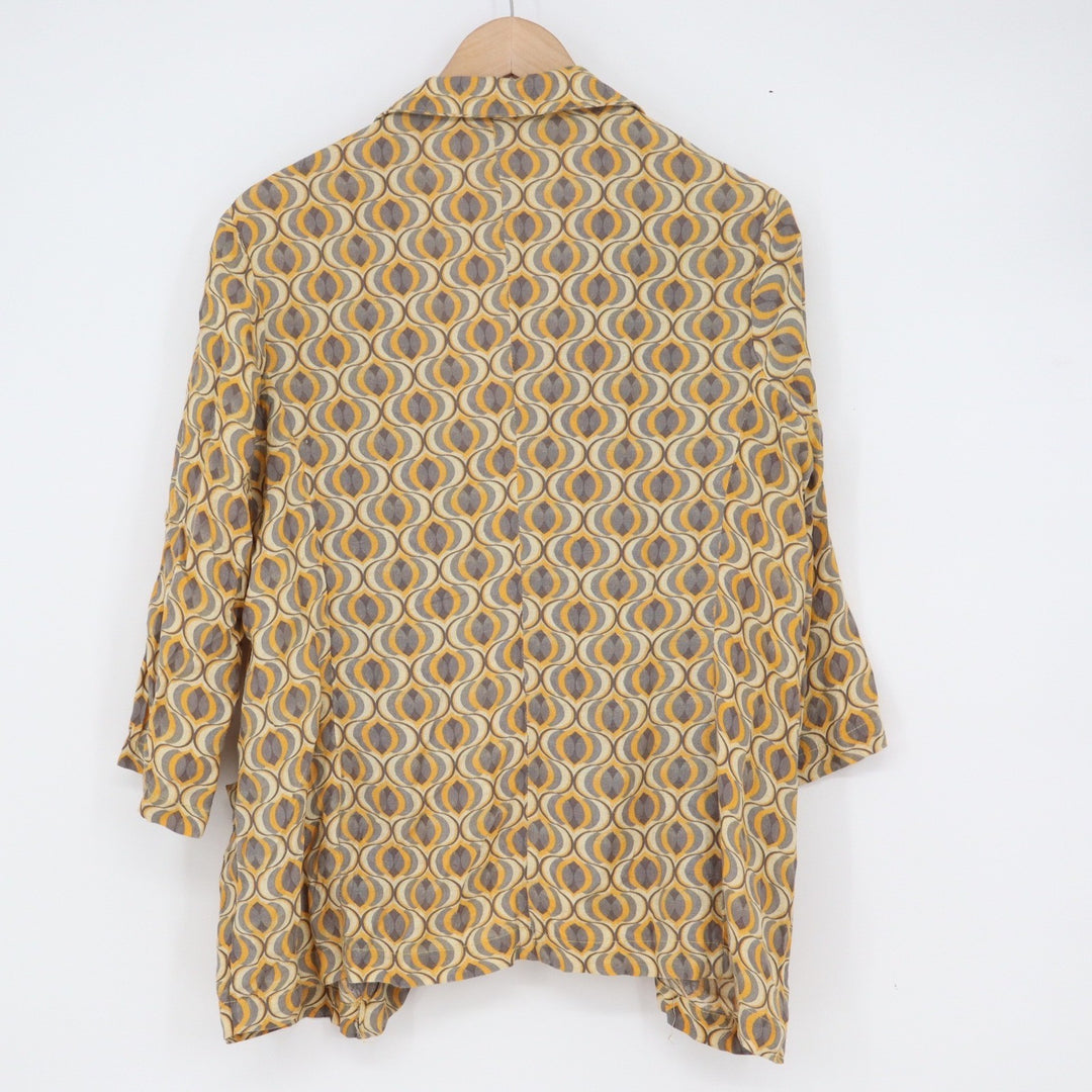 BIBA Yellow Grey Geometric Retro Print Open Front Linen Blend Jacket Size 36