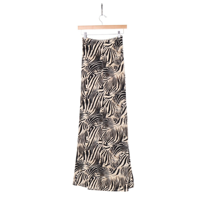 A-Line Midi Skirt Womens XS/S Black Beige Zebra Print Elastic Waist Front Slit