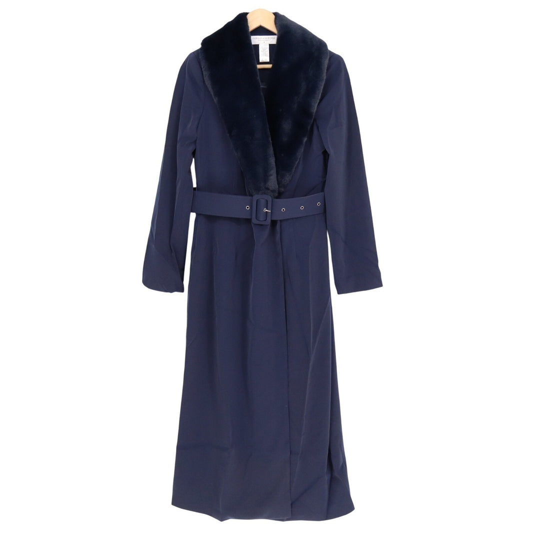 Naked Wardrobe The Statement Trench Coat Womens M Navy Stretch Fur Shawl Collar