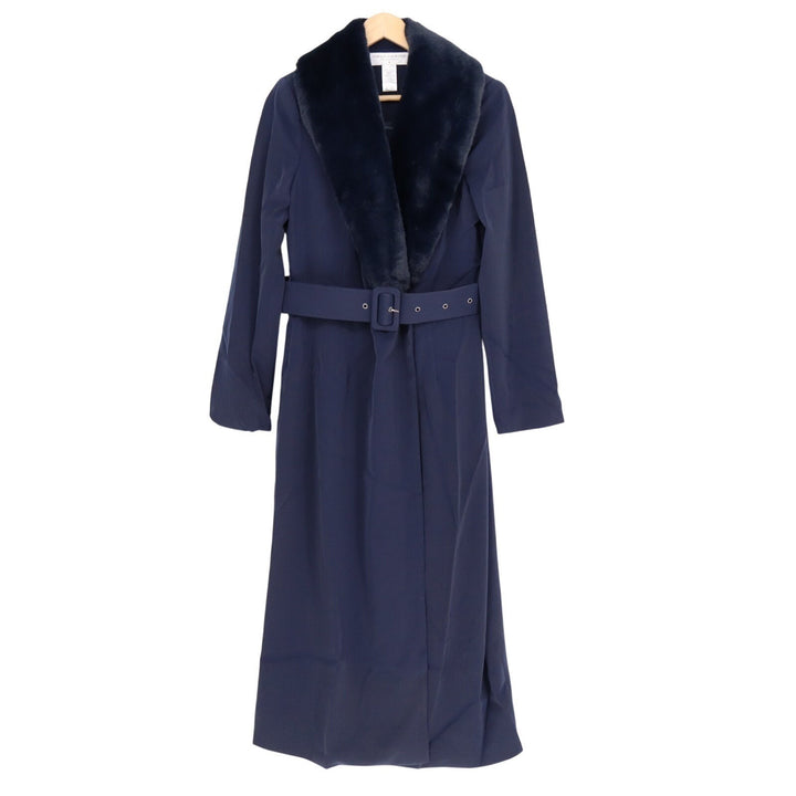 Naked Wardrobe The Statement Trench Coat Womens M Navy Stretch Fur Shawl Collar