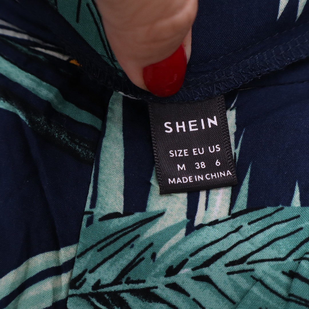 SHEIN Tropical Floral Wide Leg Pants Navy Blue Palm Leaf Summer Viscose Size M