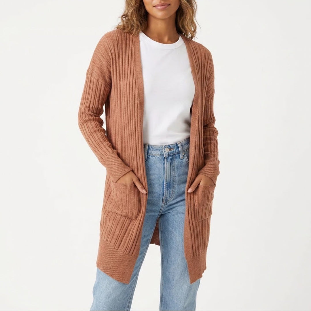 SO Womens Ribbed Open Front Cardigan Terracotta Brown Long Sleeve Size M