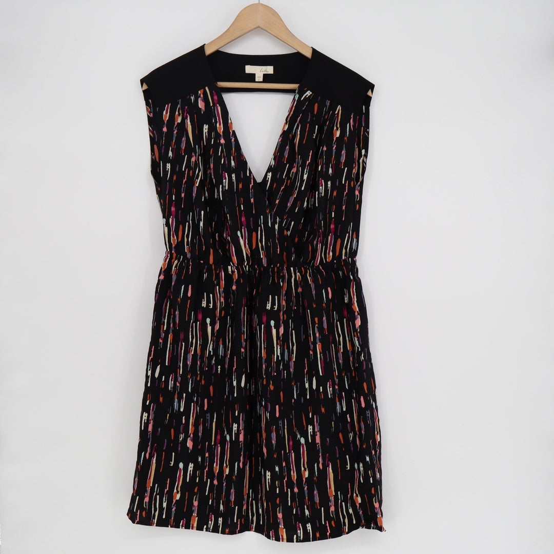 Lush Black Abstract Brushstroke V-Neck Cutout Back Mini Dress Large