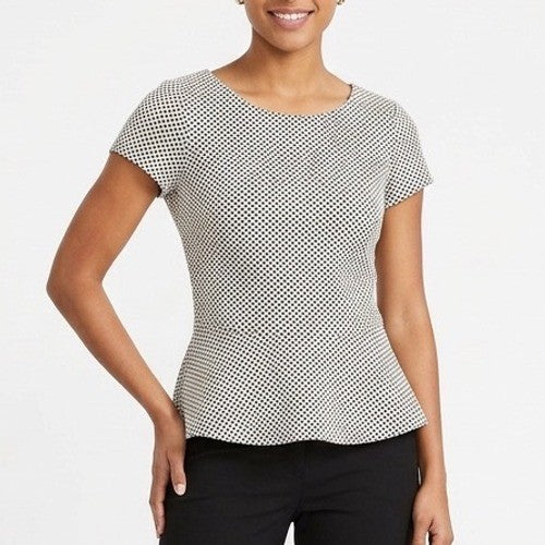 Banana Republic Peplum Top Womens 6 White Black Polka Dot Back Zip Short Sleeve