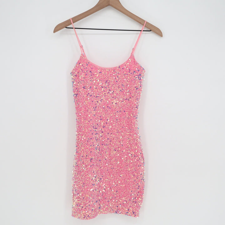 Lucy In The Sky Pink Sequin Mini Dress XS Bodycon Adjustable Strap Glam Party