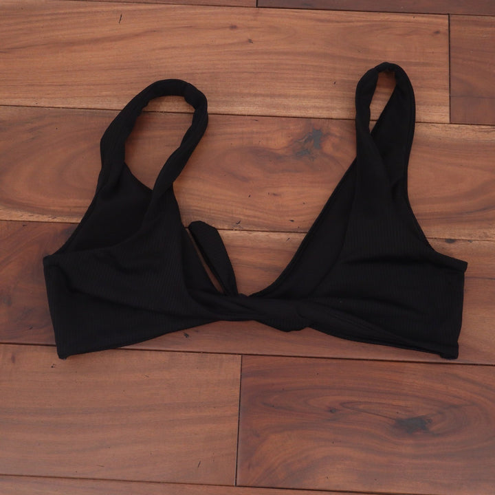 No Boundaries Black Ribbed Front Tie Bikini Top Size Large 11-13 NOBO Swim