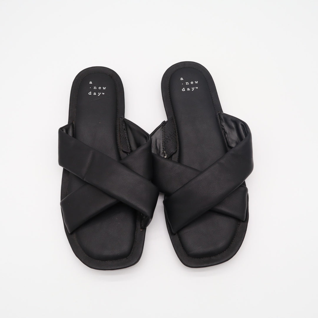 A New Day Slide Womens US 8.5 Black Leather Puffy Cross Strap Slip On Sandals