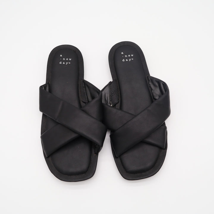 A New Day Slide Womens US 8.5 Black Leather Puffy Cross Strap Slip On Sandals