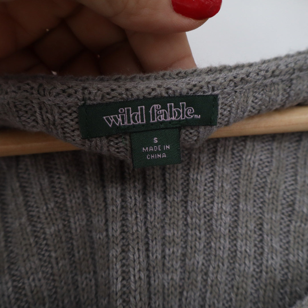 Wild Fable Gray Ribbed V-Neck Cropped Sweater Womens Small Long Sleeve Cotton