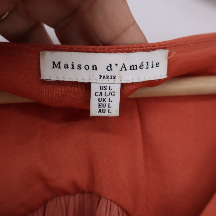 Maison d'Amelie Paris Womens Large Terracotta Orange V-Neck Bishop Sleeve Blouse