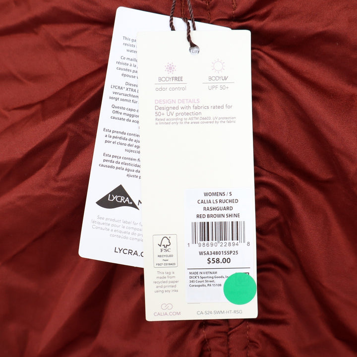 Calia Womens Ruched Long Sleeve Rashguard Red Brown Shine Small