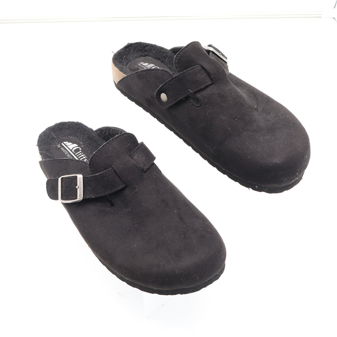 Cliffs by White Mountain Black Faux Suede Faux Fur Lined Buckle Clogs Women 8.5