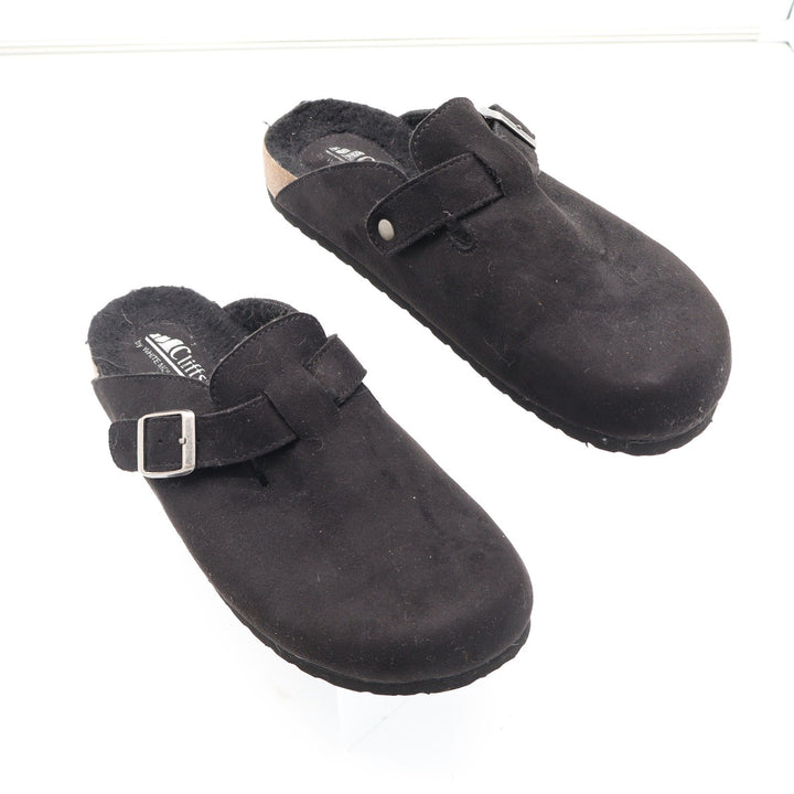 Cliffs by White Mountain Black Faux Suede Faux Fur Lined Buckle Clogs Women 8.5