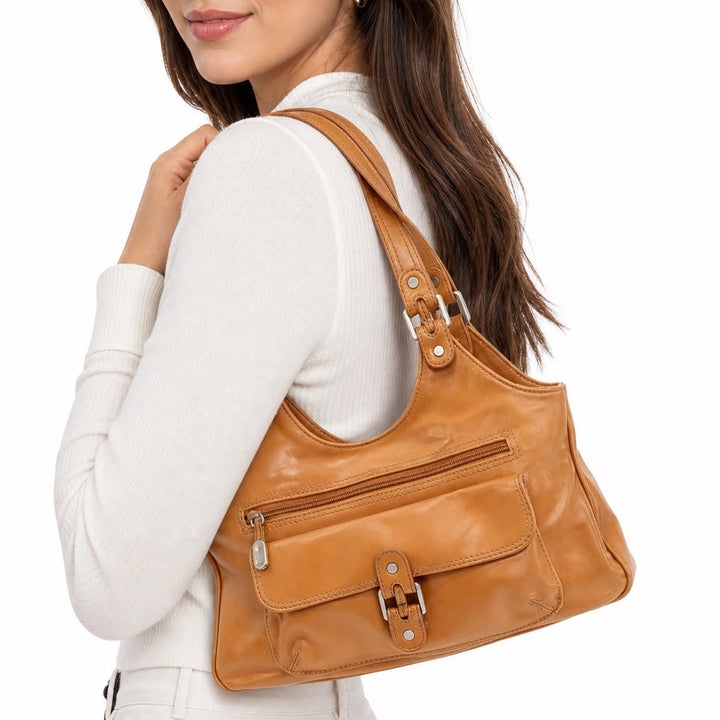 Nine West Shoulder Bag Womens Medium Tan Faux Leather Multi Pocket Satchel Good