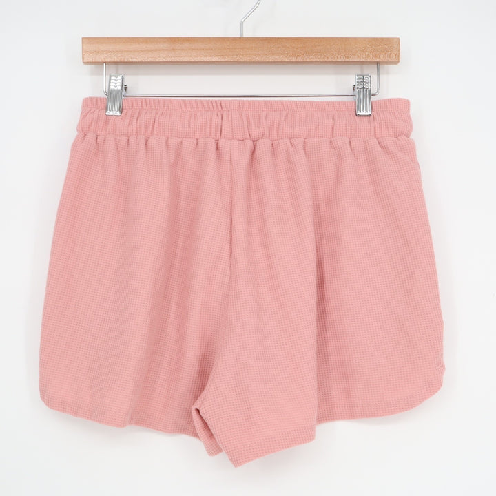 Shorts Womens Medium Rose Pink Waffle Knit Ribbed Slash Pockets Drawstring Waist