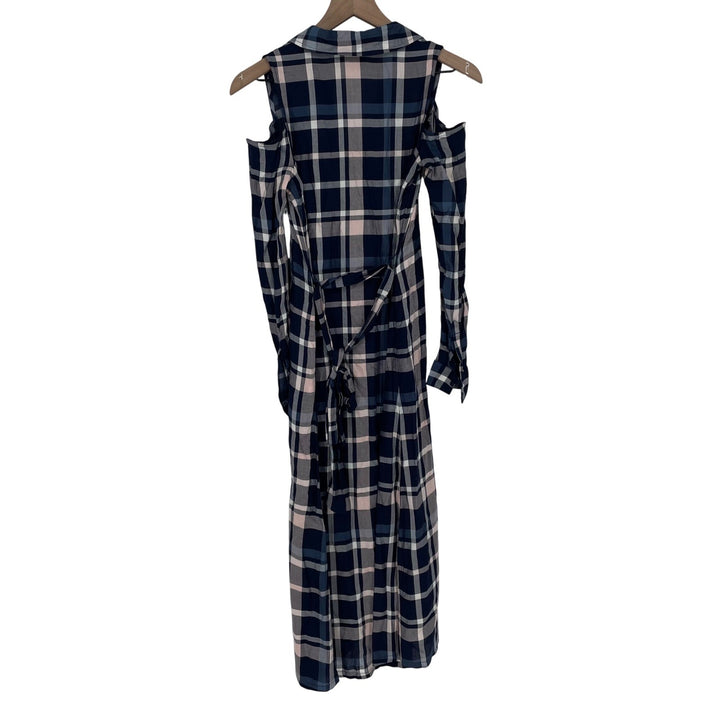 Maison Jules Plaid Cold Shoulder Maxi Shirt Dress Navy Pink Blue XS Tie Waist
