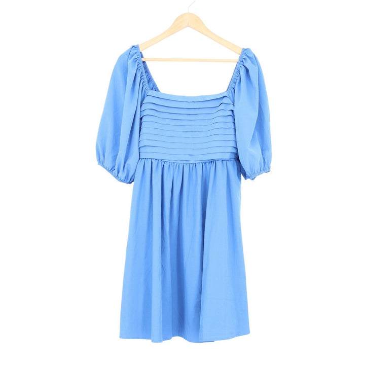Blue Puff Sleeve Square Neck Pleated Mini Dress Large
