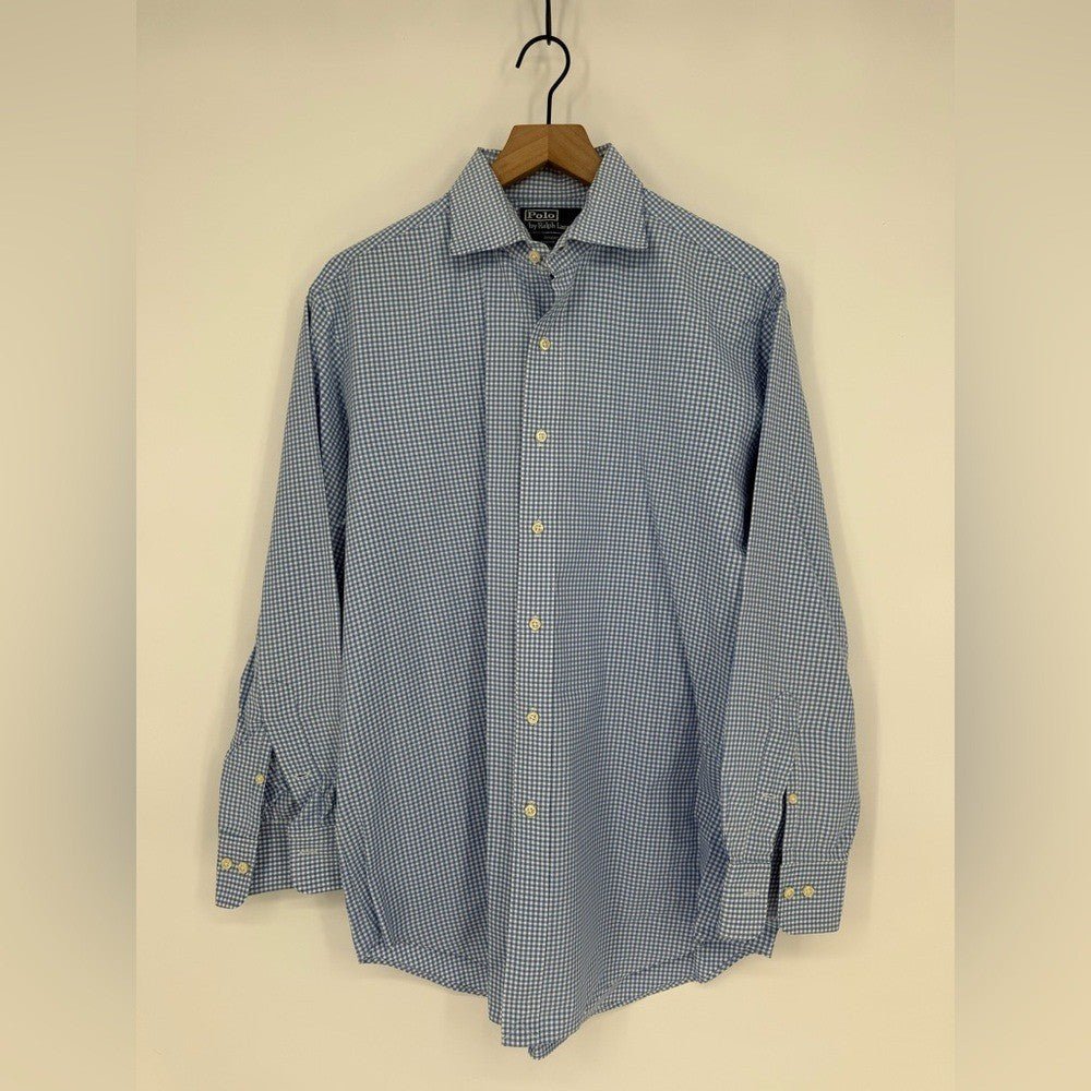 Polo Ralph Lauren Men's Windowpane Plaid Button Down Blue Shirt Size 16.5 32/33